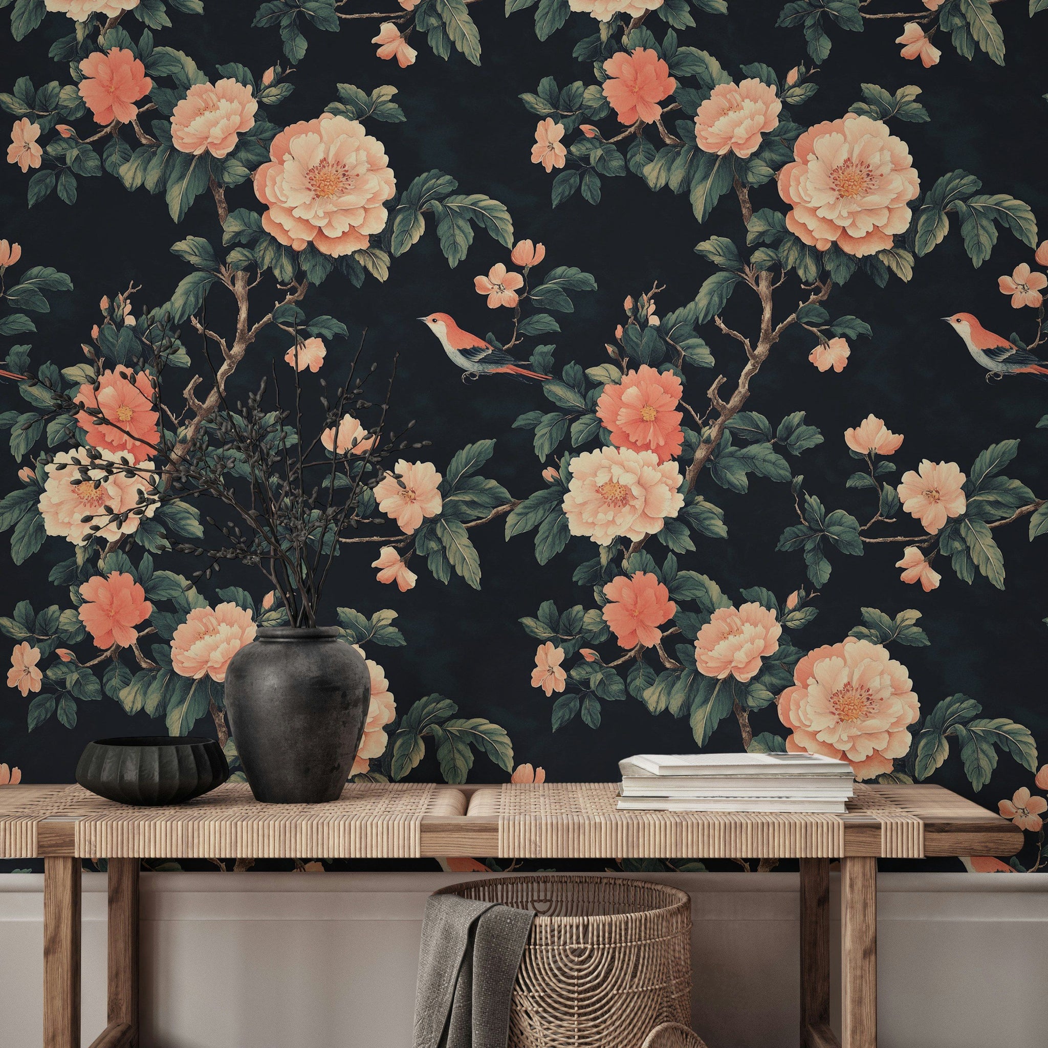 Elegant Black Vintage Peony and Bird Wallpaper