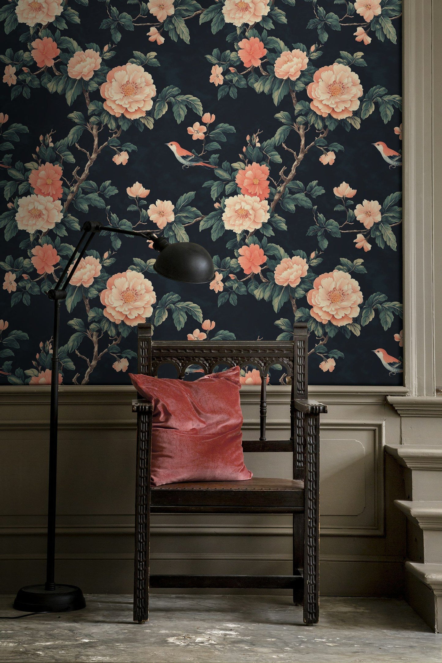 Vintage Floral & Bird Wallpaper Pink Peony Wall Mural