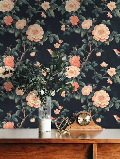 Elegant Black Vintage Peony and Bird Wallpaper