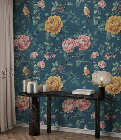 Deep Blue Botanical Birds and Roses Wallpaper