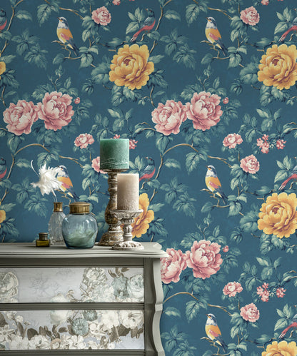Deep Blue Botanical Birds and Roses Wallpaper