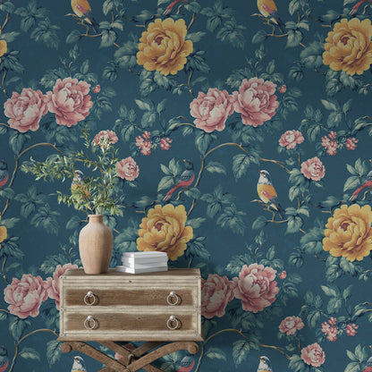Deep Blue Botanical Birds and Roses Wallpaper