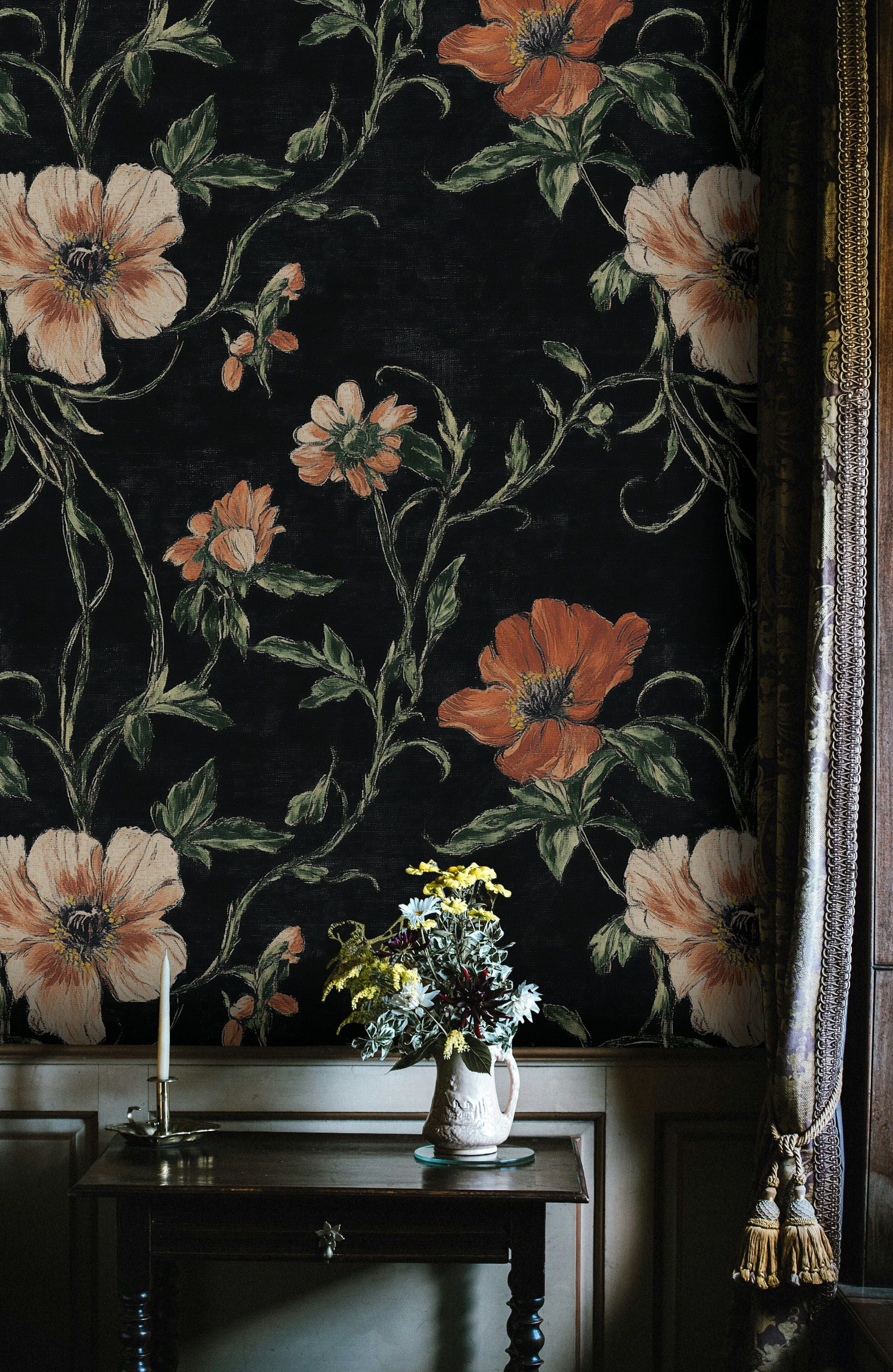 Midnight Black and Orange Large Floral Wallpaper