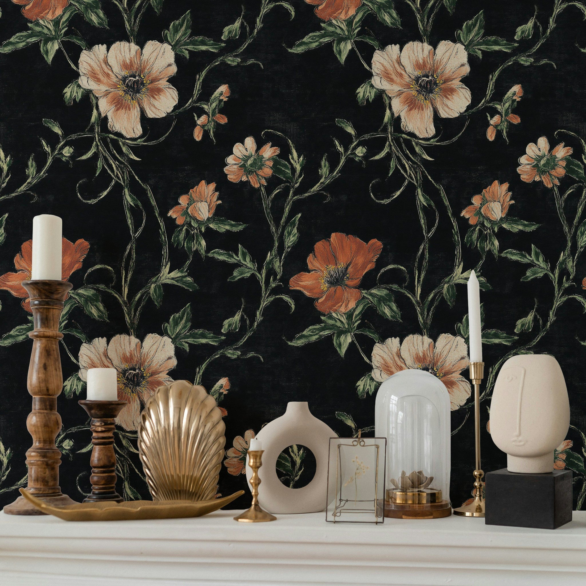 Midnight Black and Orange Large Floral Wallpaper
