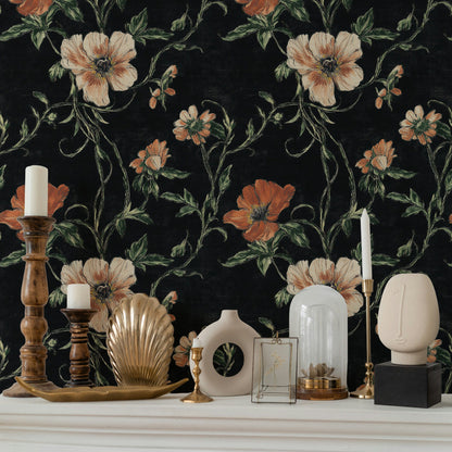 Midnight Black and Orange Large Floral Wallpaper