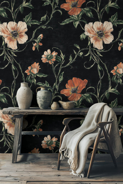 Midnight Black and Orange Large Floral Wallpaper