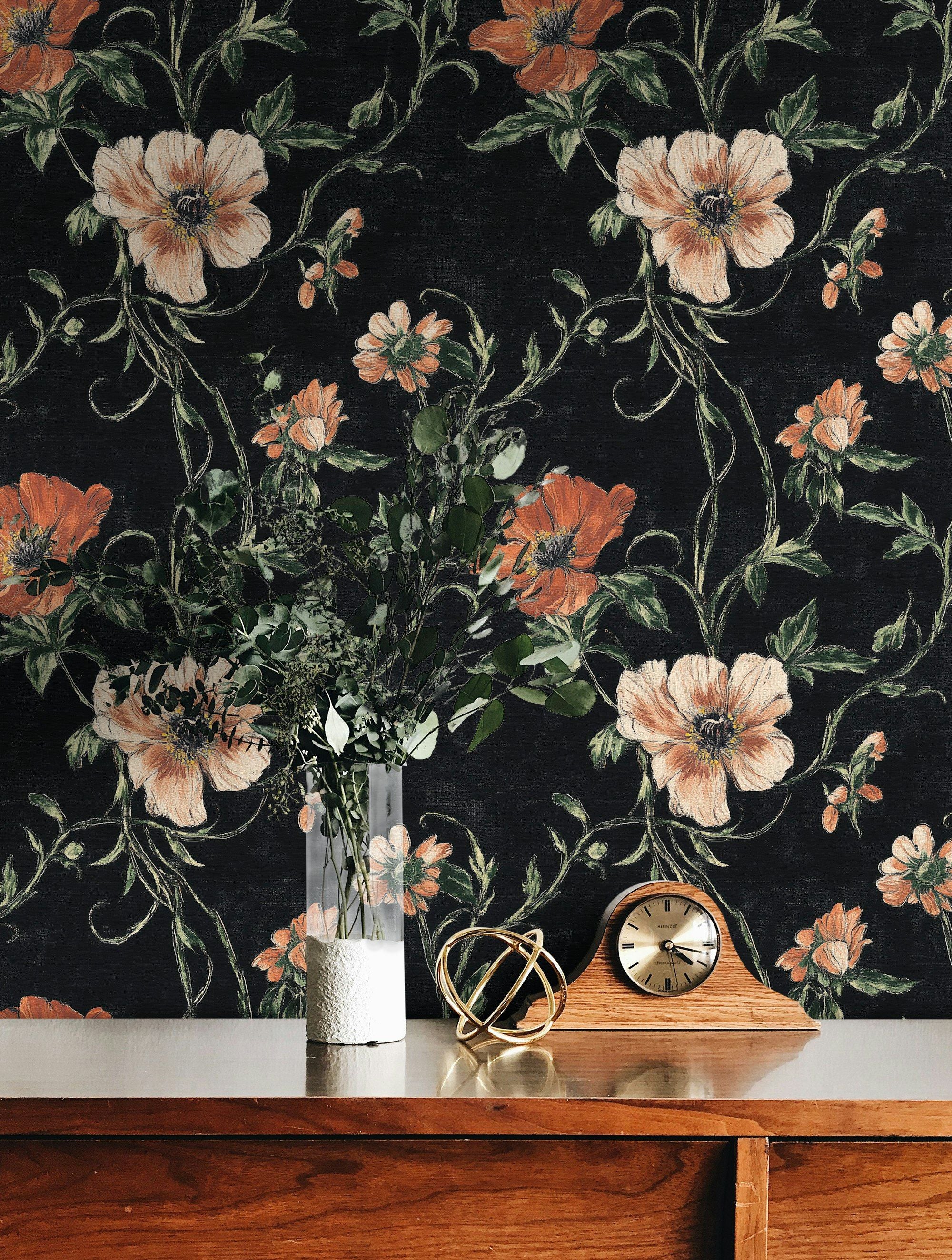 Midnight Black and Orange Large Floral Wallpaper