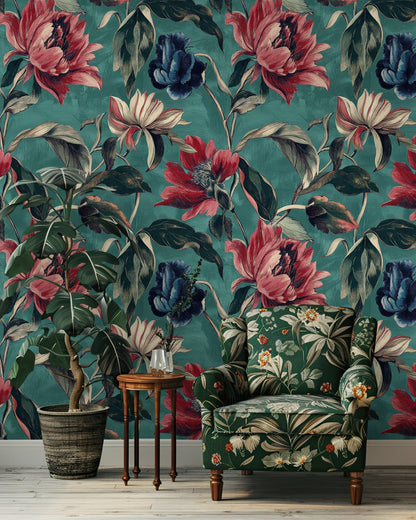 Teal and Burgundy Large Floral Wallpaper