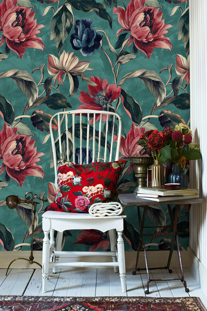 Teal and Burgundy Large Floral Wallpaper