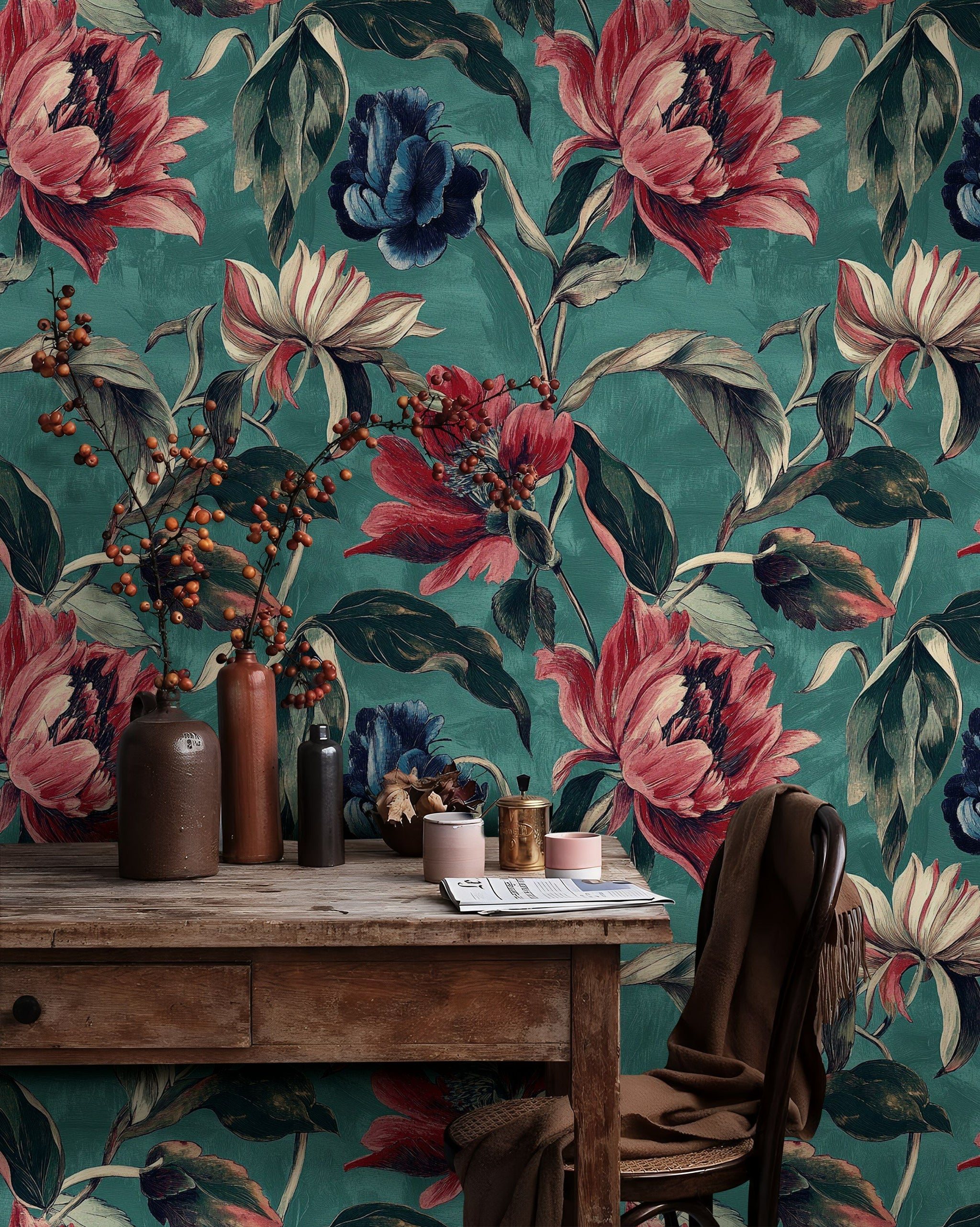 Teal and Burgundy Large Floral Wallpaper