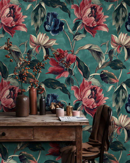 Teal and Burgundy Large Floral Wallpaper