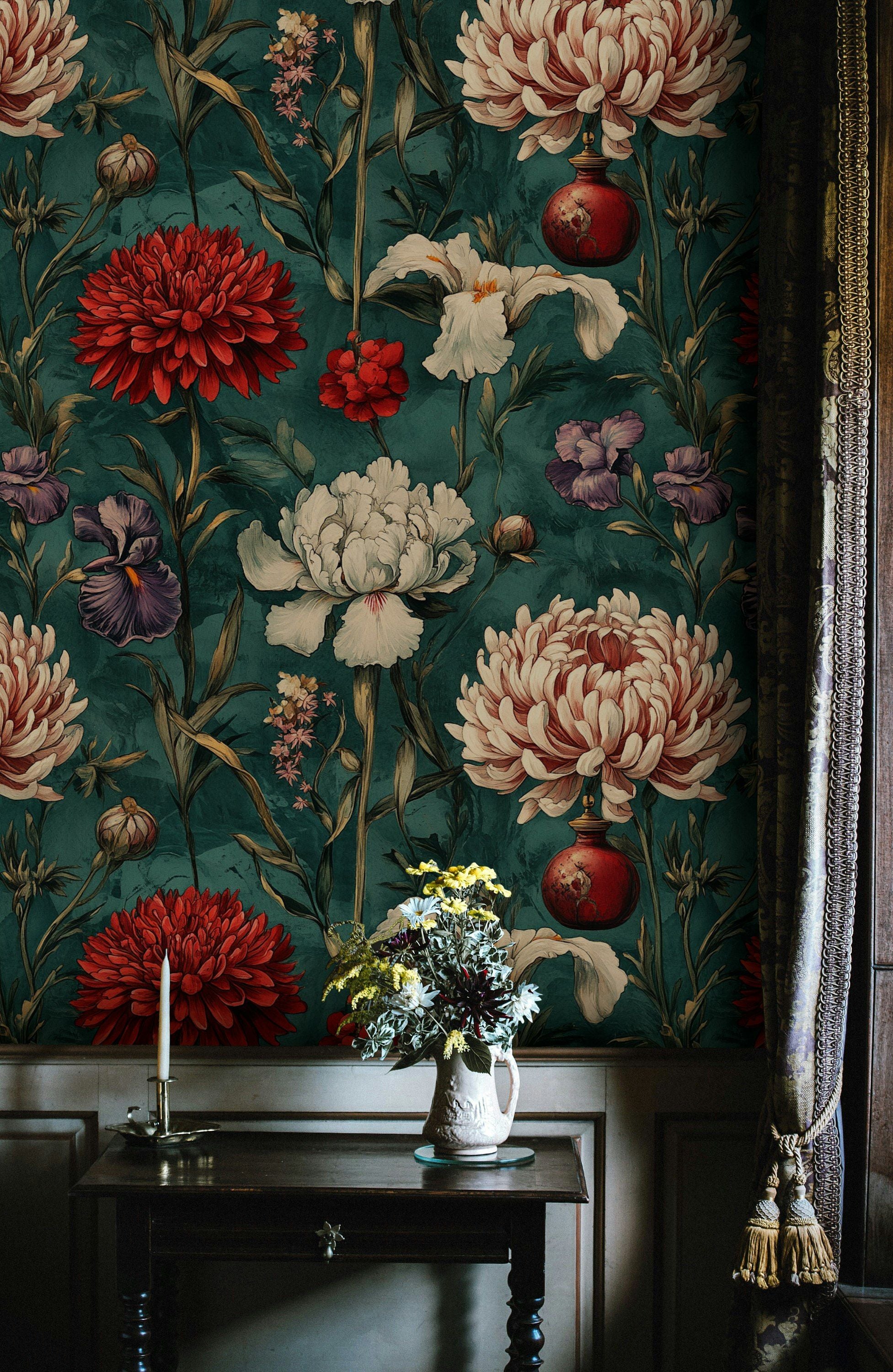 Emerald Green Vintage Floral Bloom Wallpaper