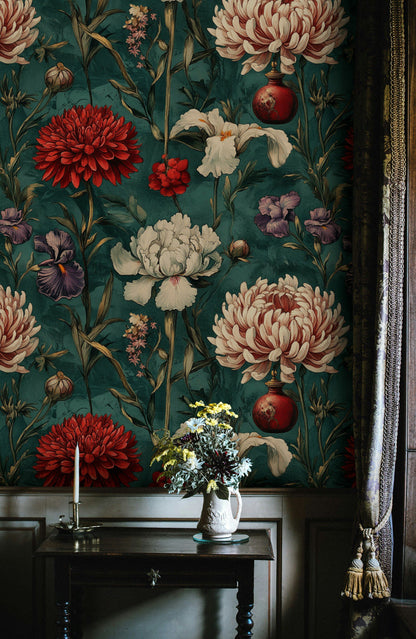 Emerald Green Vintage Floral Bloom Wallpaper