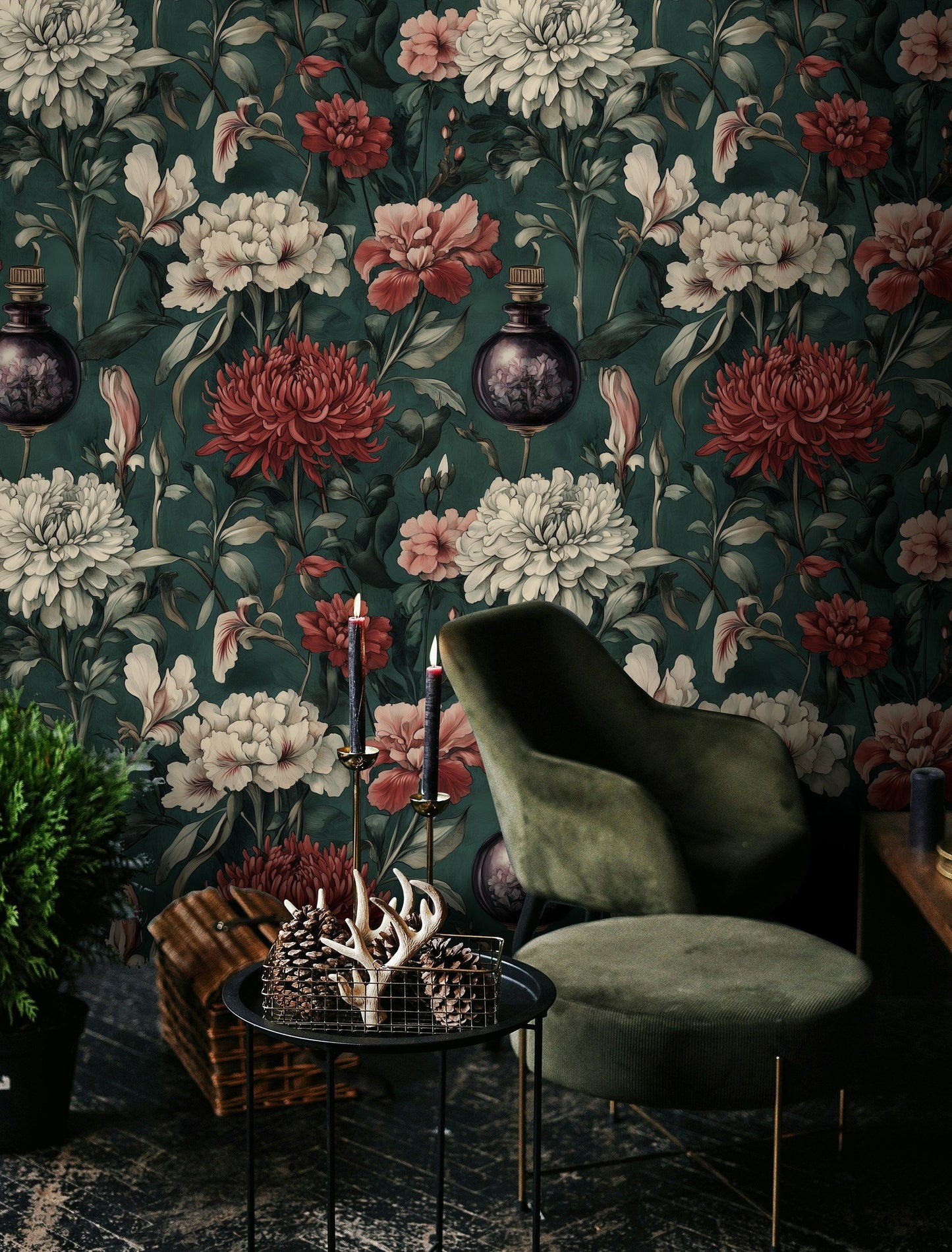 Elegant Vintage Floral Wallpaper with Dark Green Mural