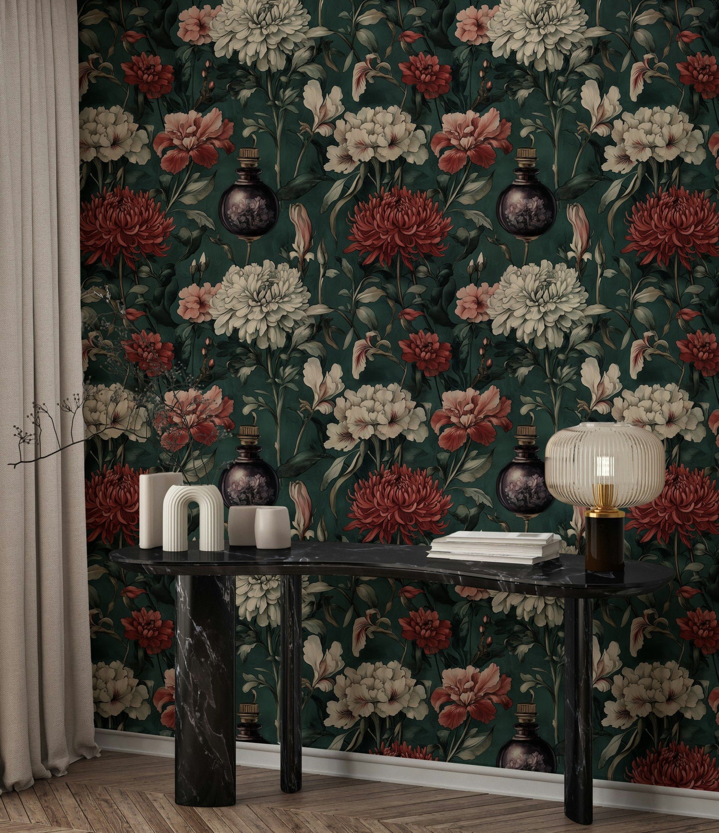 Elegant Vintage Floral Wallpaper with Dark Green Mural