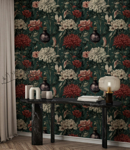 Dark Vintage Burgundy Floral Wallpaper