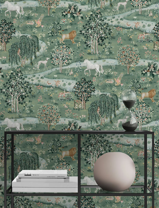 Woodland Animals Wallpaper Green Pastoral Landscape Wall Mural