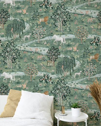 Woodland Animals Wallpaper Green Pastoral Landscape Wall Mural