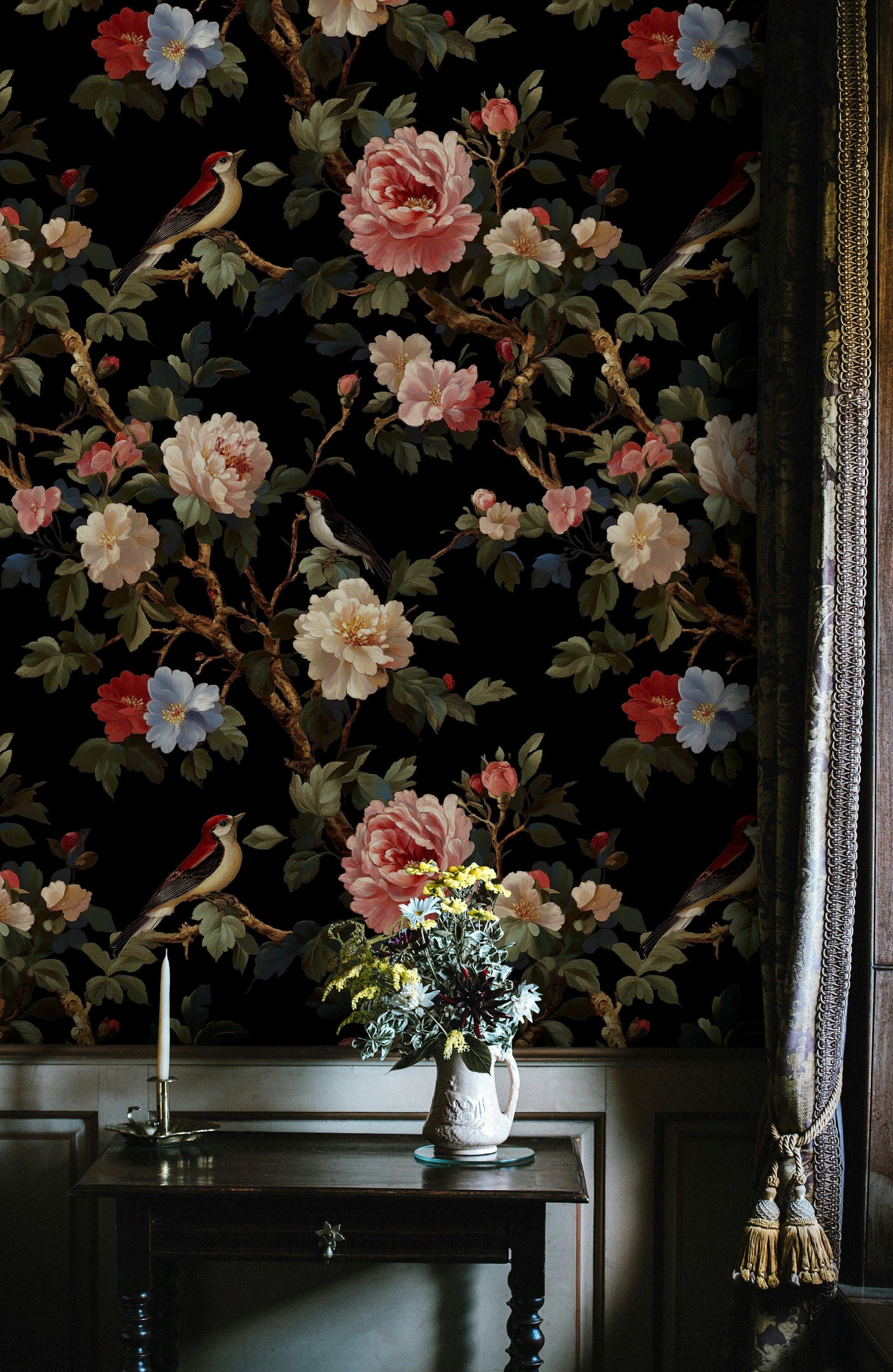 Bold Crimson Peonies and Birds on Black Wallpaper