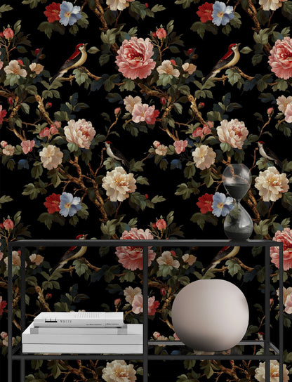 Bold Crimson Peonies and Birds on Black Wallpaper