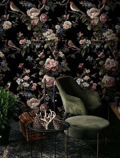 Dark Floral and Bird Motif Wallpaper