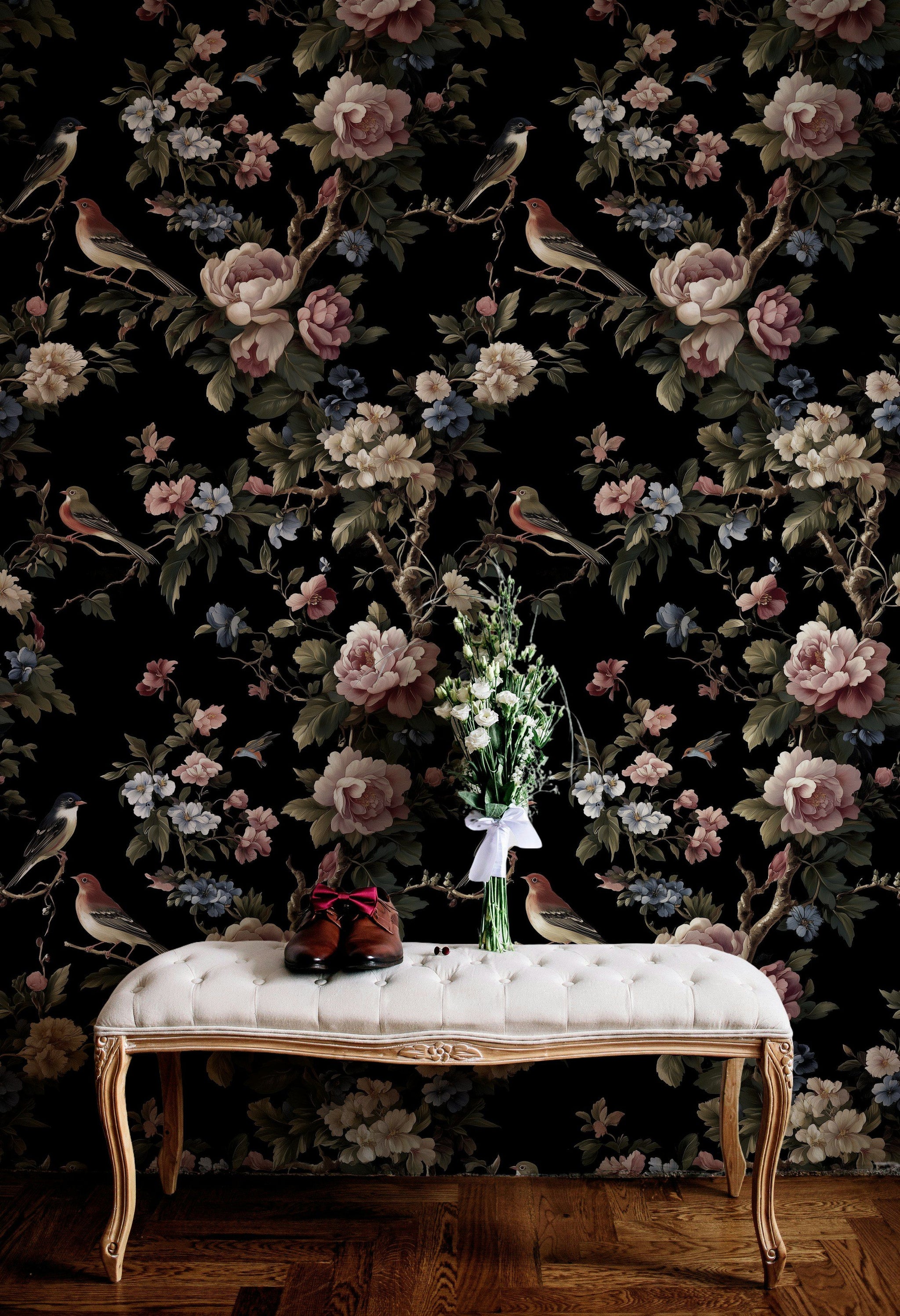 Dark Floral and Bird Motif Wallpaper