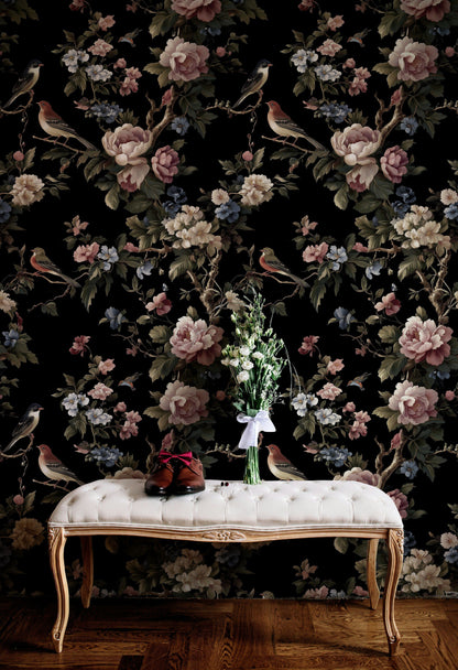 Dark Floral and Bird Motif Wallpaper
