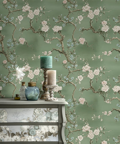 Sage Green Cherry Blossom Floral Wallpaper