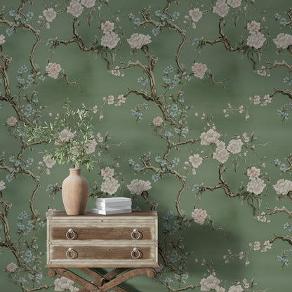 Sage Green Cherry Blossom Floral Wallpaper