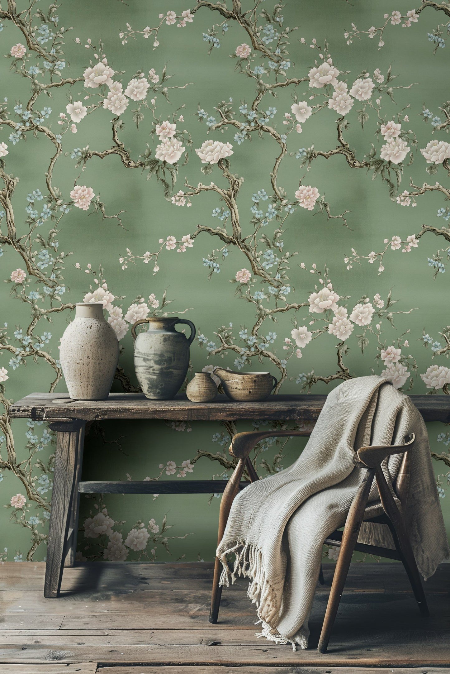 Chinoiserie Floral Wallpaper Green Background