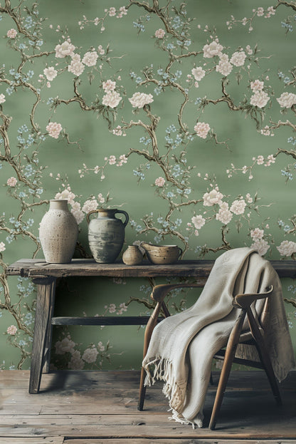Sage Green Cherry Blossom Floral Wallpaper