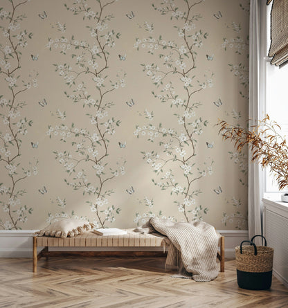 Beige Cherry Blossom and Butterfly Wallpaper