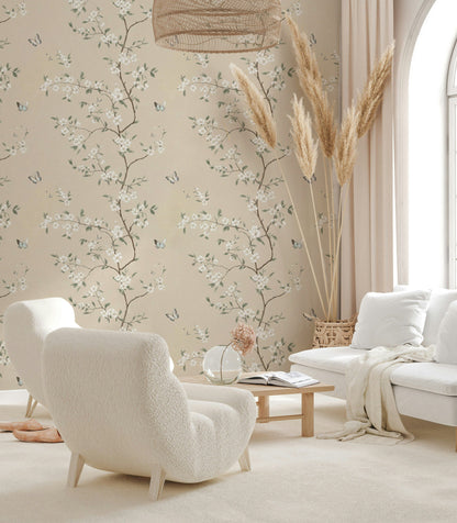 Beige Cherry Blossom and Butterfly Wallpaper