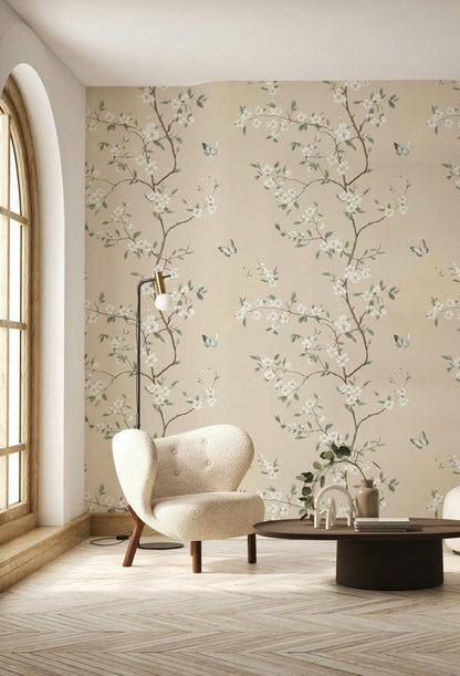 Beige Cherry Blossom and Butterfly Wallpaper