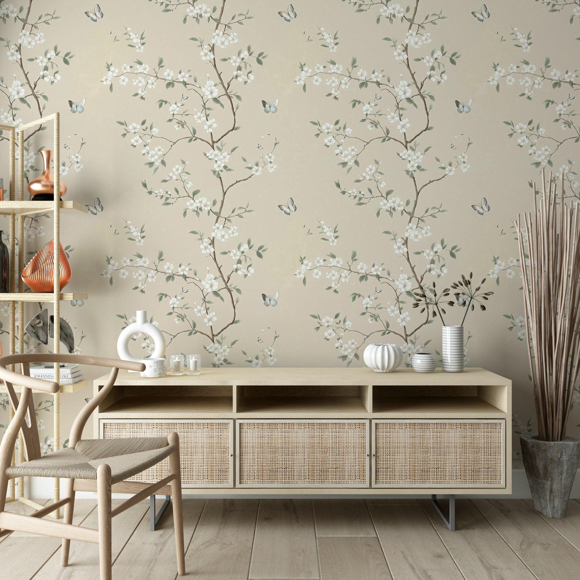 Beige Cherry Blossom and Butterfly Wallpaper