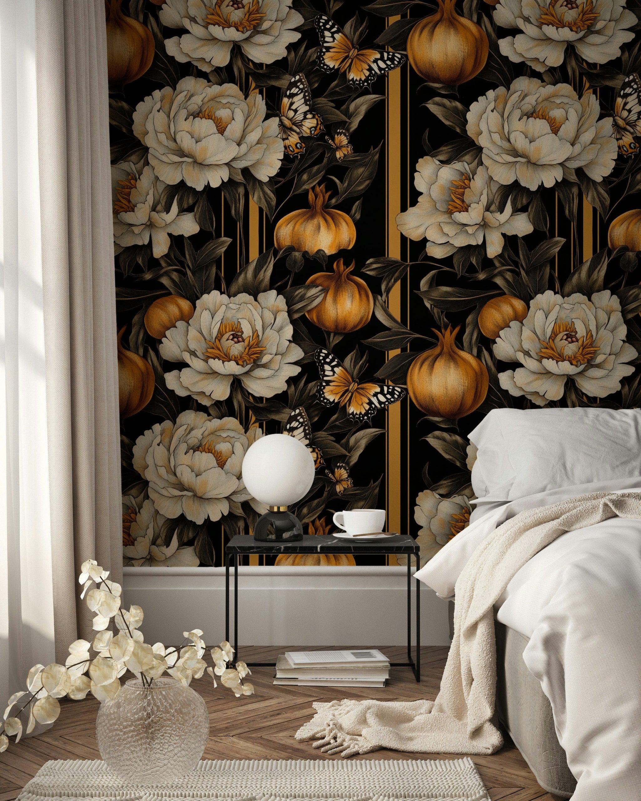 Black and Gold Look Peony Butterfly Floral Wallpaper