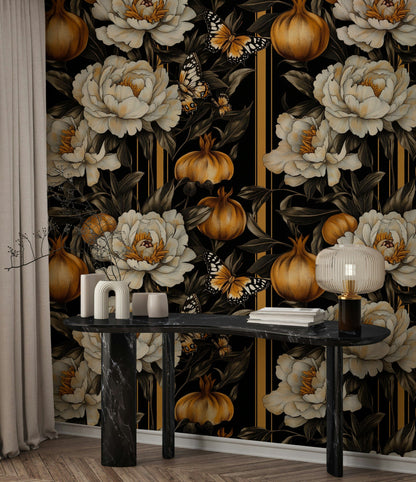 Black and Gold Look Peony Butterfly Floral Wallpaper