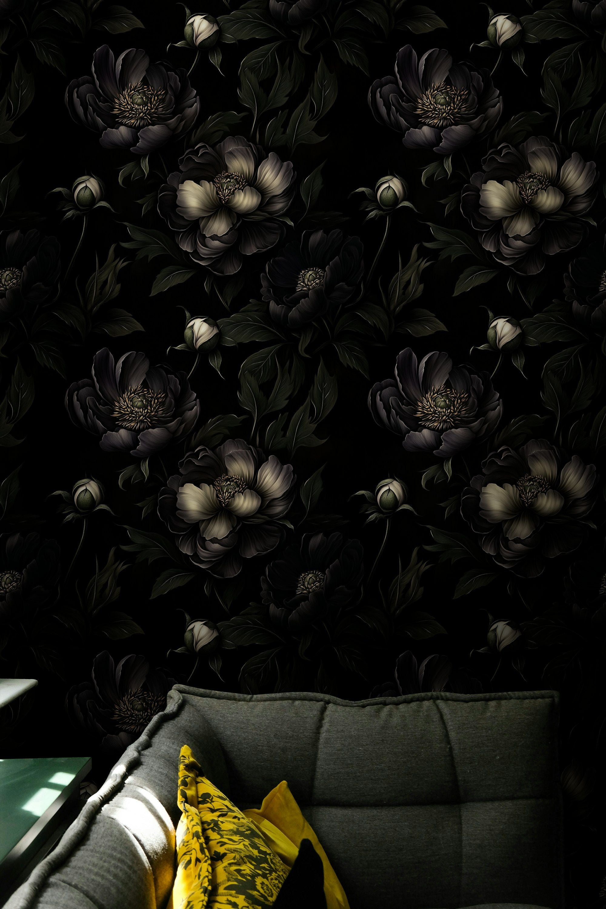 Charcoal Black Large Peony Floral Wallpaper