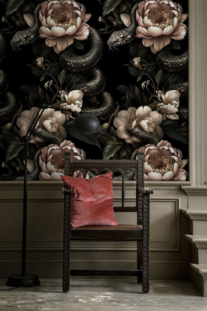 Dark Elegance Peony and Snake Pattern Wallpaper