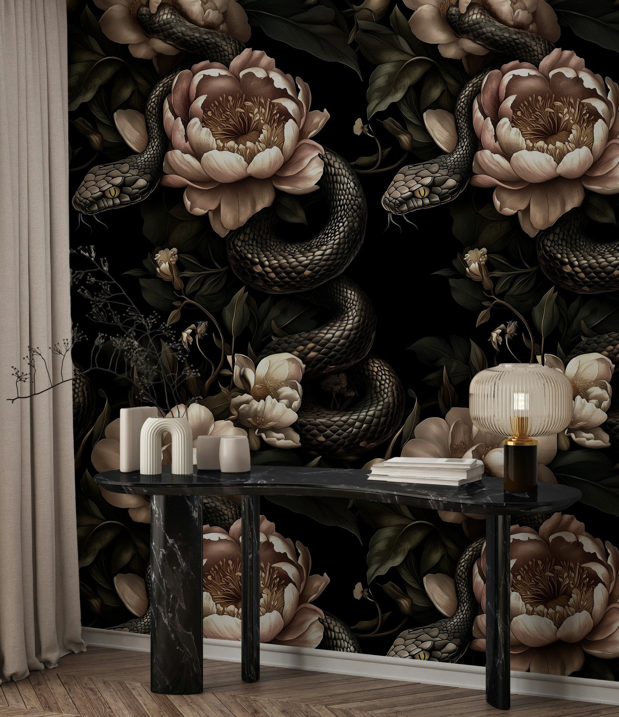 Dark Elegance Peony and Snake Pattern Wallpaper