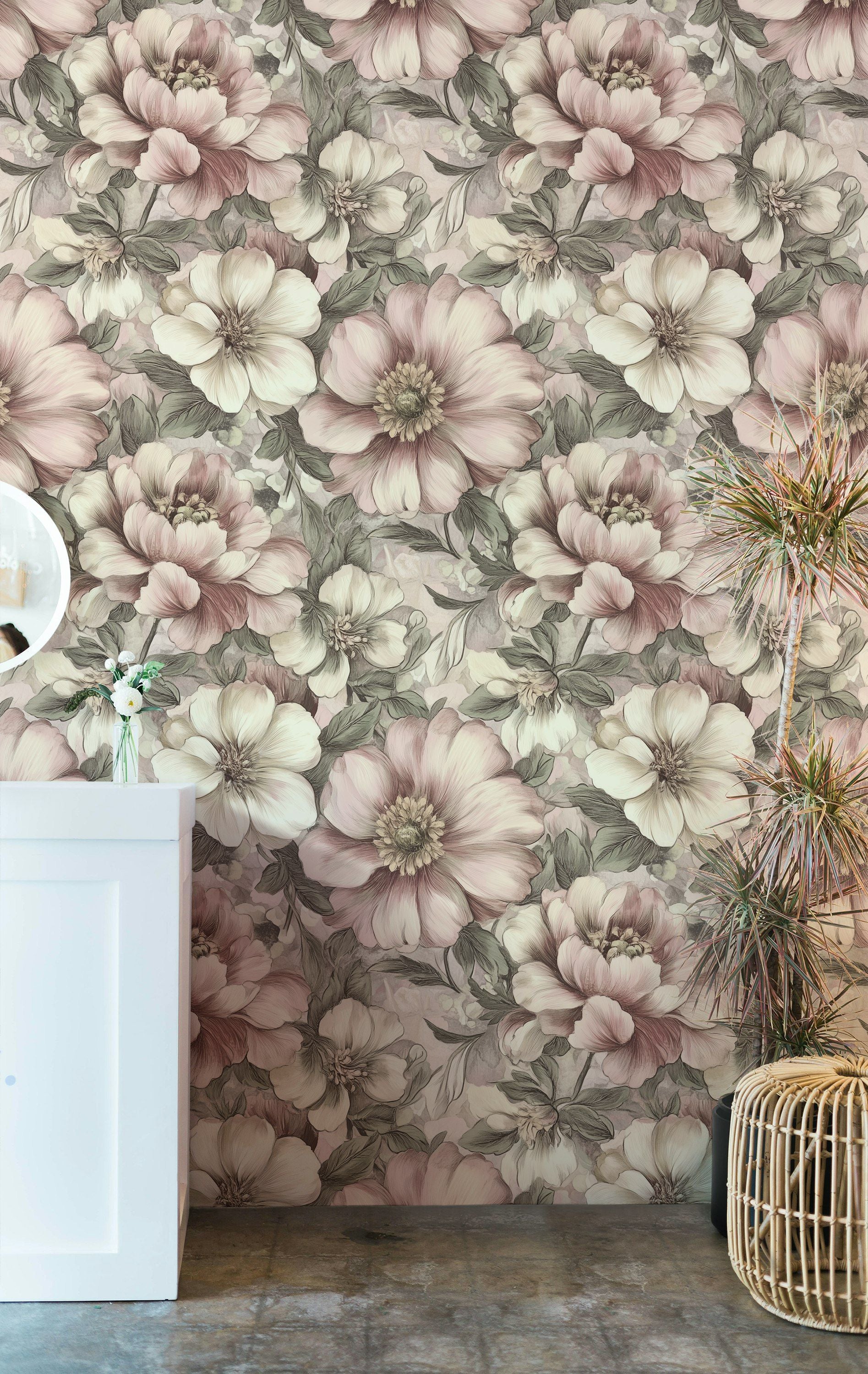 Cream and Blush Pink Large Floral Wallpaper