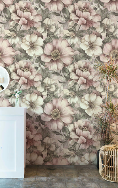 Cream and Blush Pink Large Floral Wallpaper