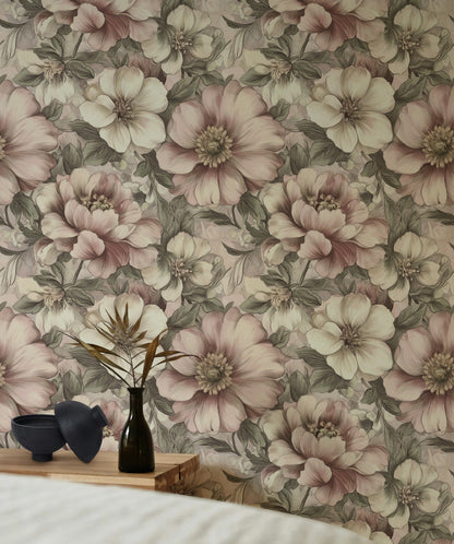Cream and Blush Pink Large Floral Wallpaper