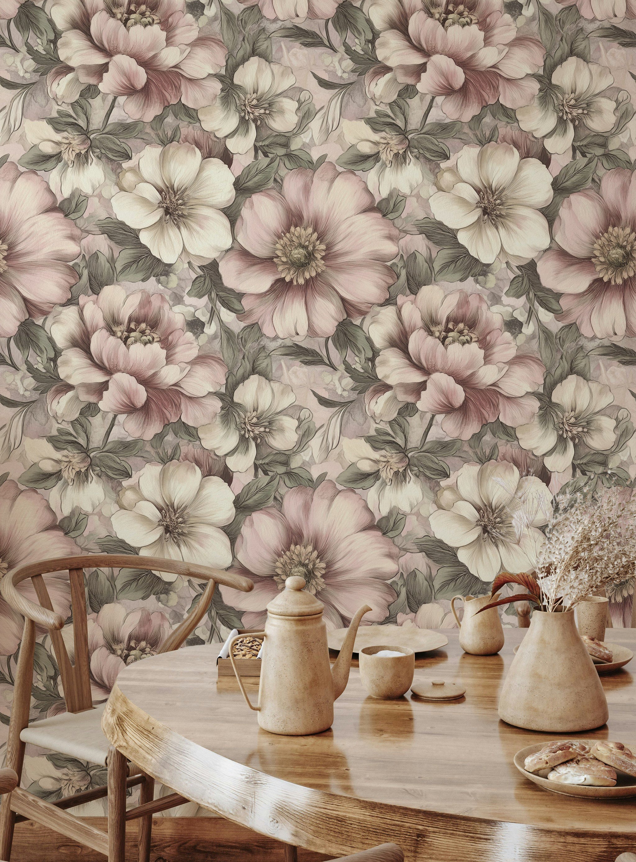 Cream and Blush Pink Large Floral Wallpaper
