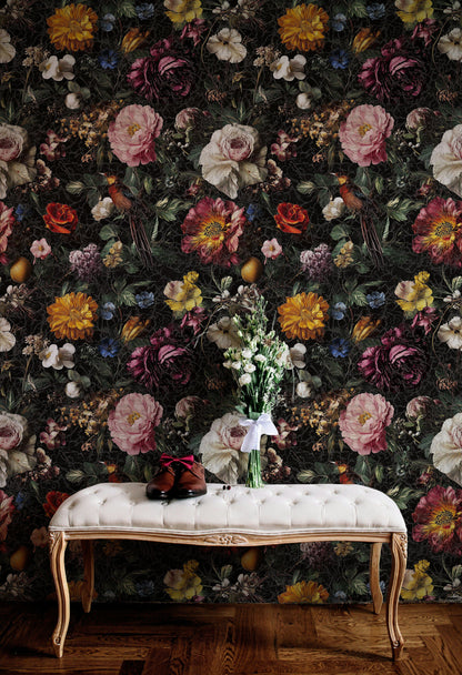 Bold Multicolor Floral and Bird Pattern Wallpaper