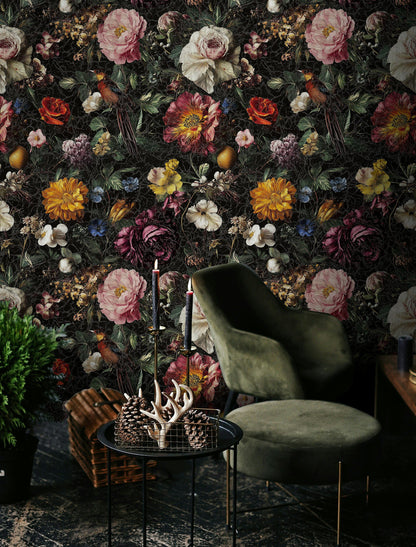 Bold Multicolor Floral and Bird Pattern Wallpaper