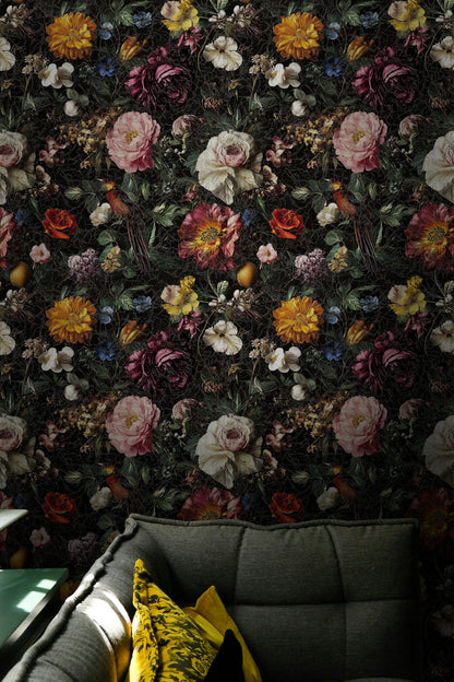 Bold Multicolor Floral and Bird Pattern Wallpaper