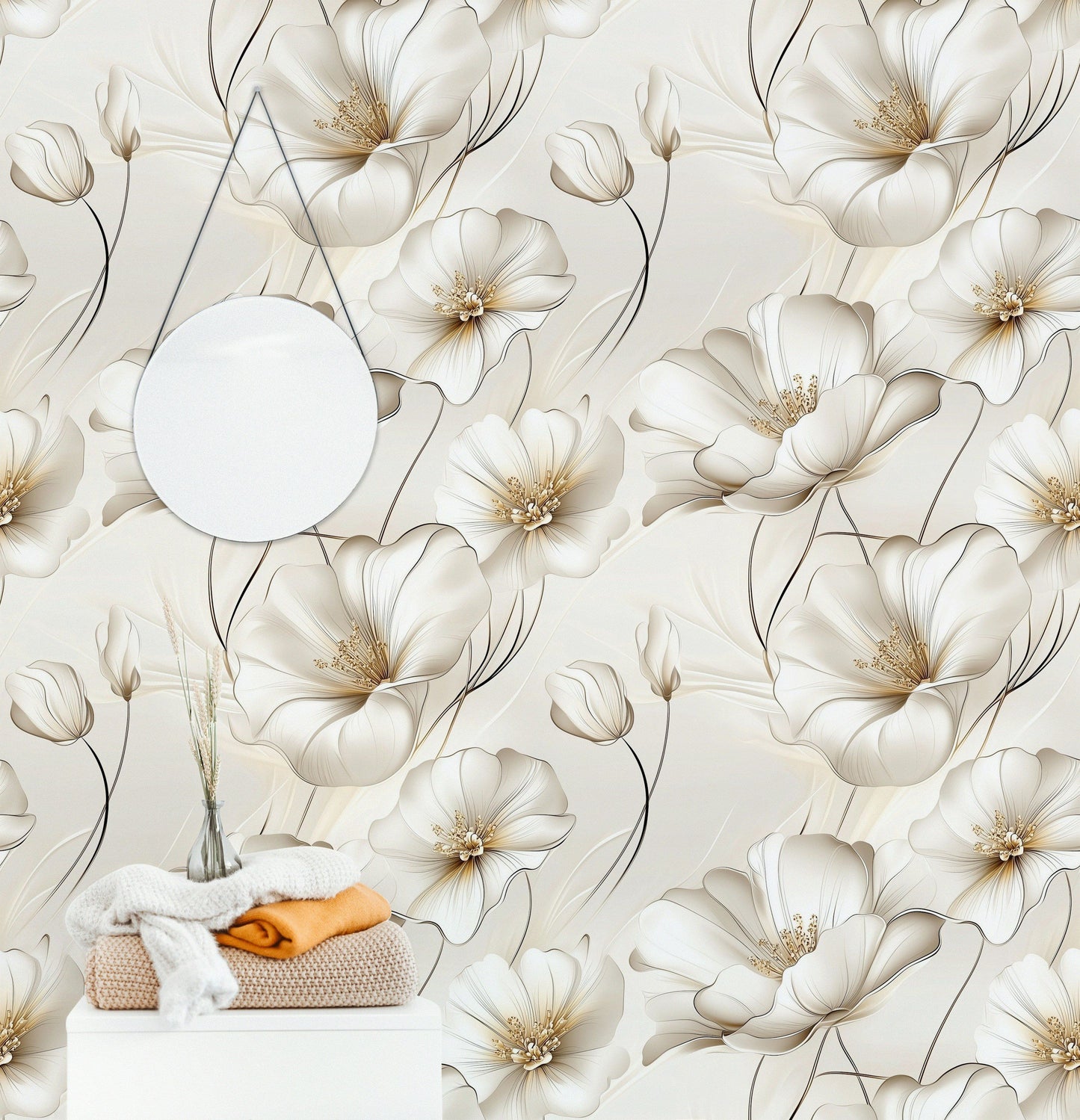 Elegant Ivory Floral Wallpaper Soft Botanical Wall Mural