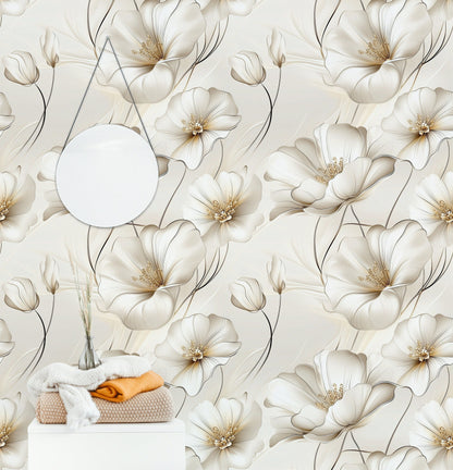 Elegant Cream Large Floral Blossom Wallpaper