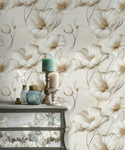 Elegant Cream Large Floral Blossom Wallpaper